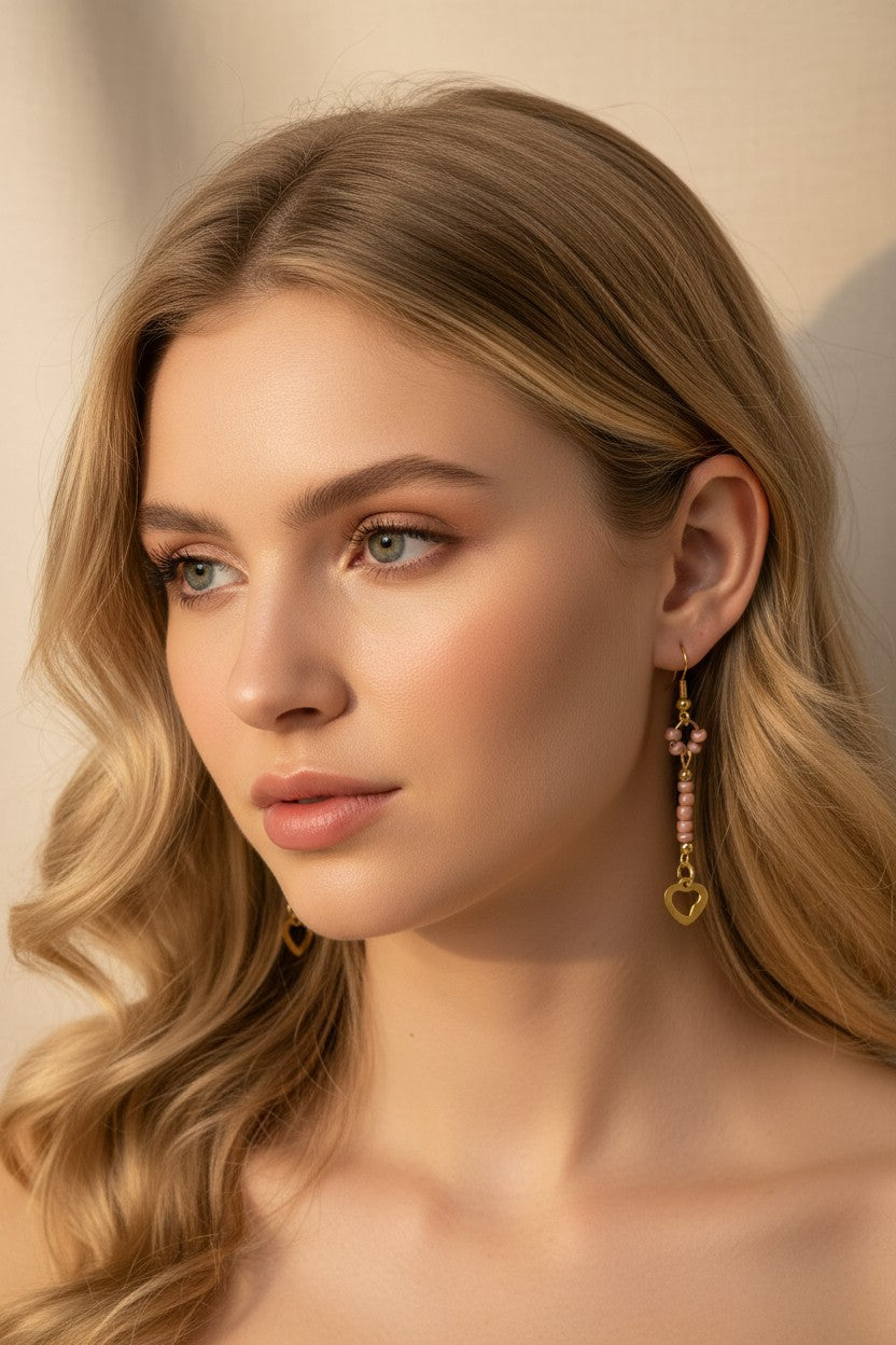 Modelo luciendo pendientes colgantes CGK Style HEART SOUL con gemas rosadas y dije de corazón en acero inoxidable