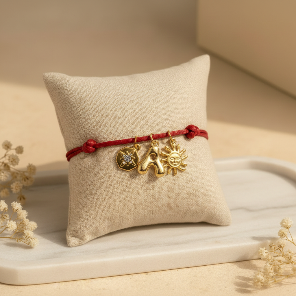 Pulsera roja charms cojín beige