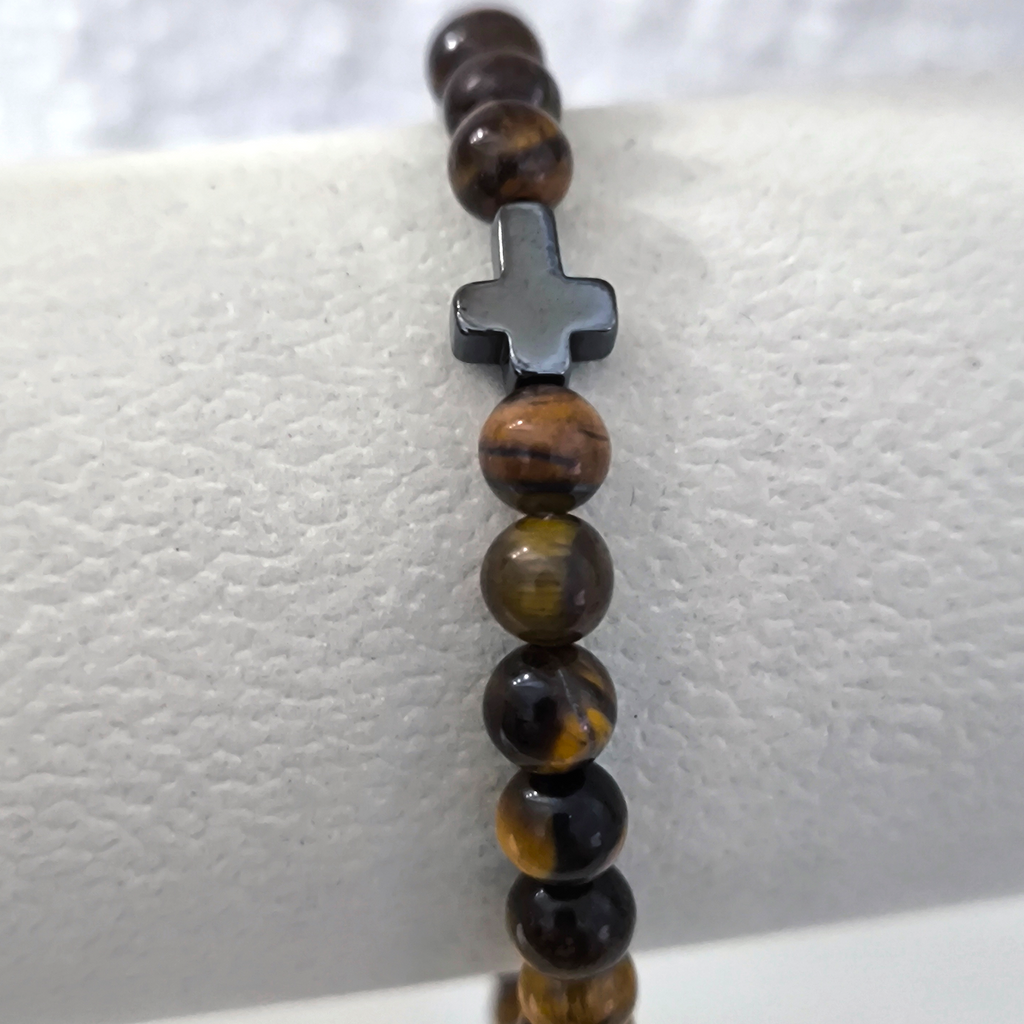 PULSERA OJO DE TIGRE CON CRUZ MINIMALISTA