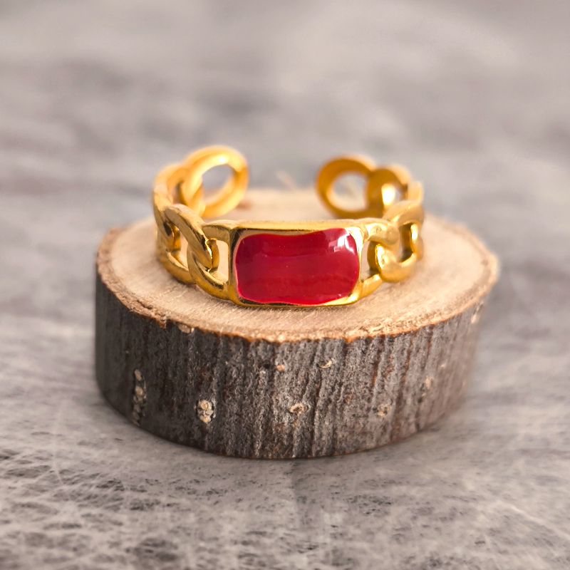 Anillo Abierto Vintage Francés con Piedra Marrón – Sofisticación en Acero de Titanio