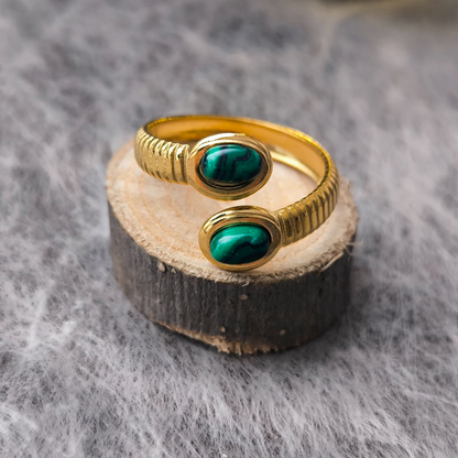 Anillo Serpiente Enrollada en Acero Inoxidable con Cabeza y Cola con Piedra Verde – Joyería Sofisticada para Mujer