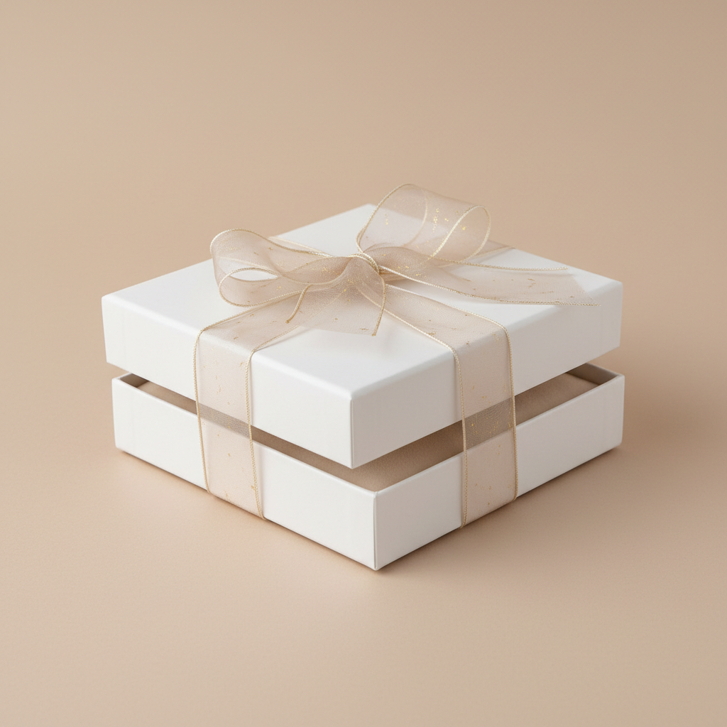Caja de regalo con lazo de organza beige