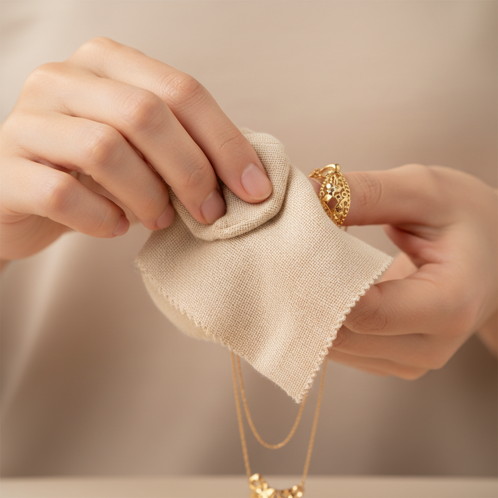 Limpieza de joyas con muselina beige - fondo beige