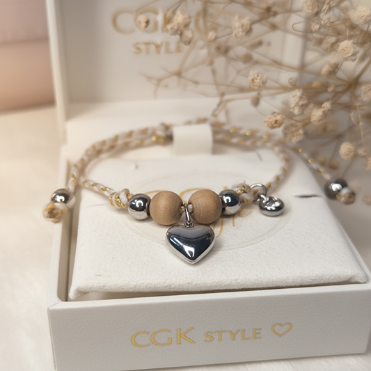 Pulsera Corazón CGK Plata - bolas madera y plata en cojín